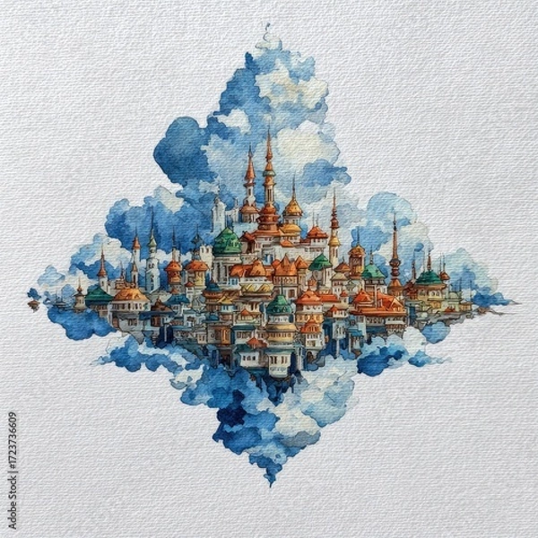 Obraz Imaginative watercolor illustration of a mythical city in the clouds.