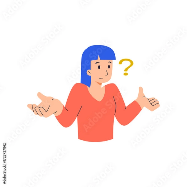 Fototapeta Schoolgirl with questions. Training, education and learning. The child pulls his hand up. Cartoon flat vector illustration isolated on white background