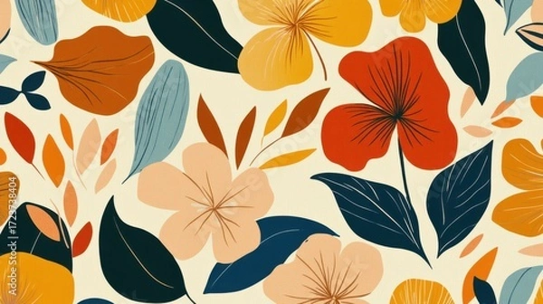 Fototapeta A whimsical and artistic seamless pattern featuring stylized flowers and leaves in a warm, earthy color palette of orange, yellow, and deep blue