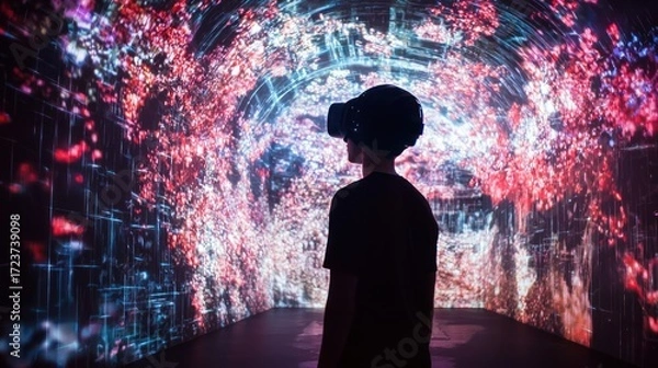 Fototapeta Person in vr experience immersive digital tunnel