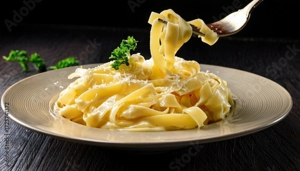 Fototapeta fork pulling portion of creamy cheesy pasta fettuccine alfredo