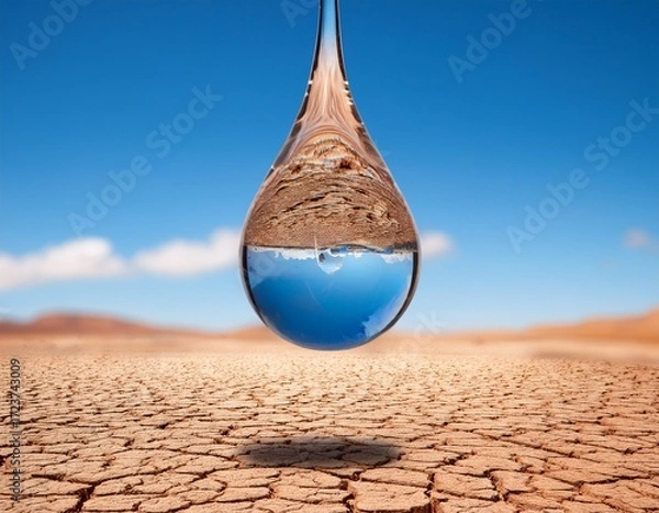 Fototapeta single drop of clean water suspended above cracked desert landscape reflecting clear blue sky this symbolizes hope and resilience in arid conditions