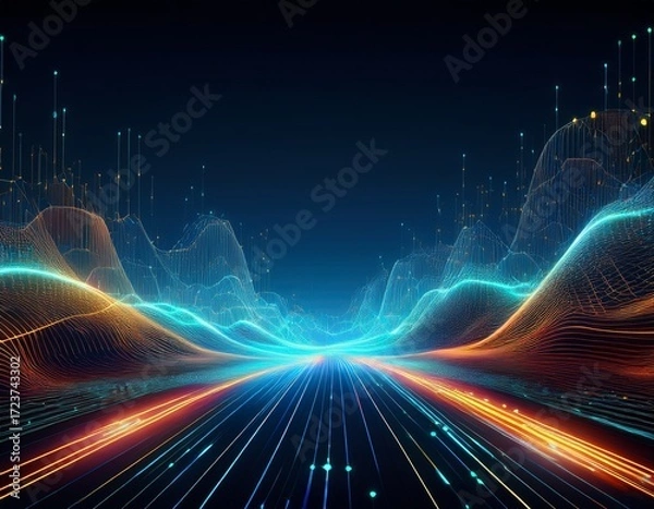 Fototapeta agentic ai digital workforce solution abstract digital landscape with glowing lines and particles on a dark background