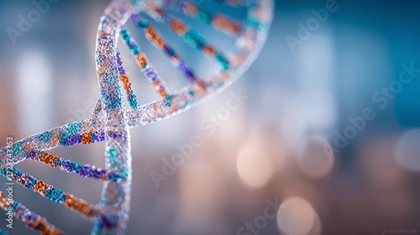 Fototapeta Close-up of a vibrant and intricate DNA strand against a blurred background, showcasing the beauty of genetic structures.
