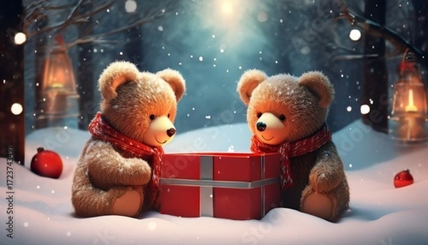 Fototapeta two teddy bears are sitting in the snow with a red box in front of them