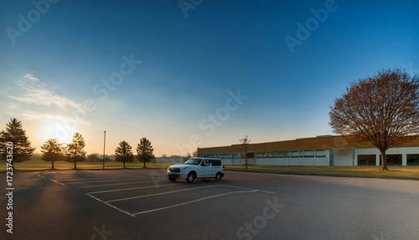 Fototapeta a deserted early morning scene of a school s drop off area empty parking lot and a lonely minivan awaiting students