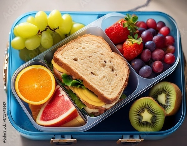 Fototapeta sandwich banana slices grapes orange slices and strawberries filling a lunch box with cookies and kiwi fruit nearby promoting balanced eating habits