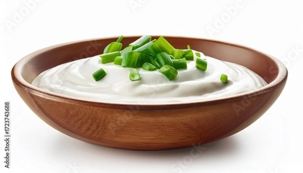Fototapeta sour cream with spring onion in bowl isolated on white