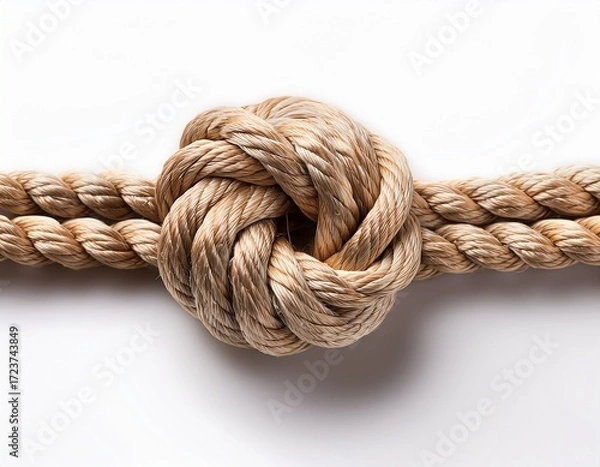 Fototapeta a detailed closeup of a twisted rope knot on a clean white background symbolizing strength and security in design