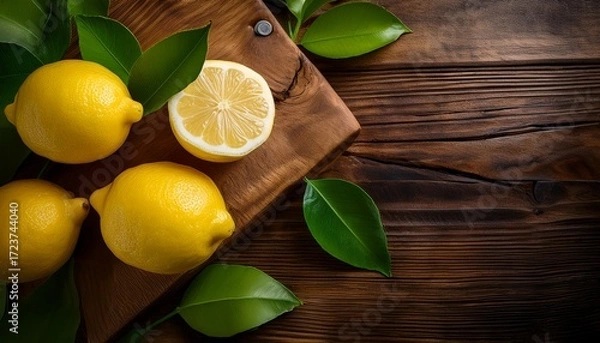 Fototapeta ripe yellow lemons and their juicy halves rest on a rustic wooden cutting board accompanied by vibrant green leaves creating a fresh and inviting scene