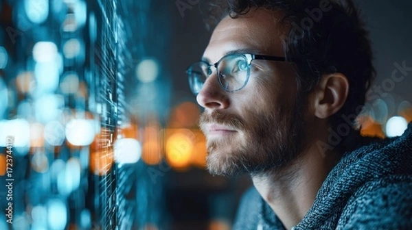 Fototapeta A man wearing glasses studies a futuristic interface, set against a blurred cityscape backdrop, suggesting technology or data analysis.