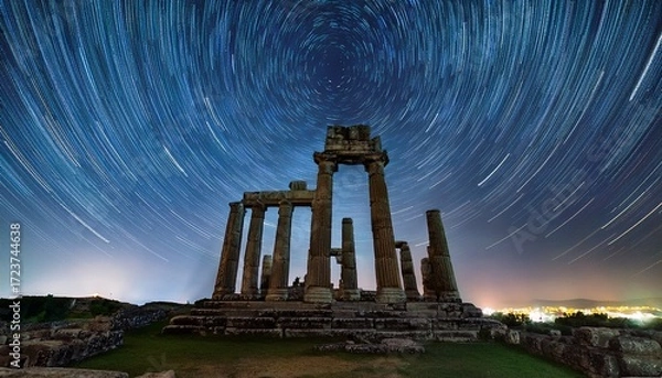 Fototapeta stunning time lapse captures circular motion of stars over ancient ruins showcasing beauty of night sky and historical significance of site scene evokes sense of wonder and connection to past