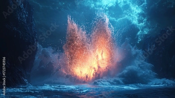 Fototapeta Fiery structure emerging from water