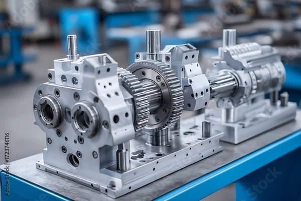 Fototapeta Industrial machine parts being assembled in a workshop, captured in close-up product photography against a blue background, highlighting engineering concepts.