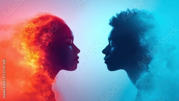 Fototapeta A creative visual depicting two people facing each other, with one enveloped in flames and the other in ice, symbolizing contrast.