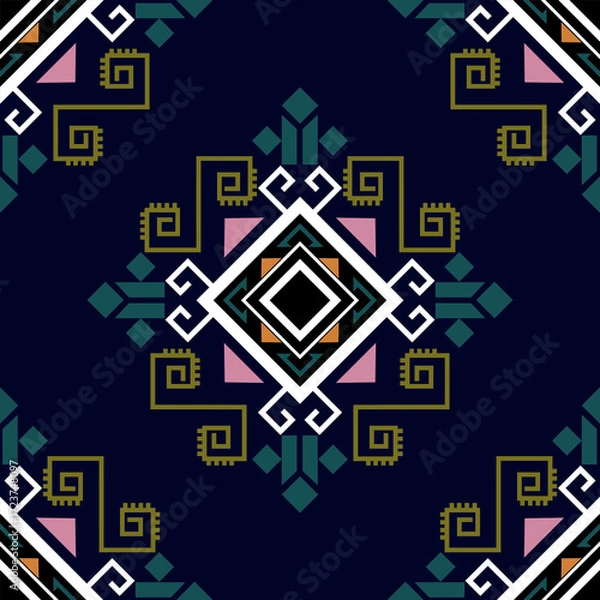 Fototapeta Dark navy Navajo tribal geometric pattern background, ethnic textile fabric design, colorful bohemian ornament with symmetry, traditional decorative motif in green gold pink white black tones