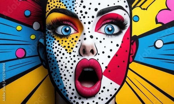 Fototapeta A colorful pop art portrait of a woman with a surprised expression. Bold lines and vibrant colors define the style, offering a dynamic visual experience.