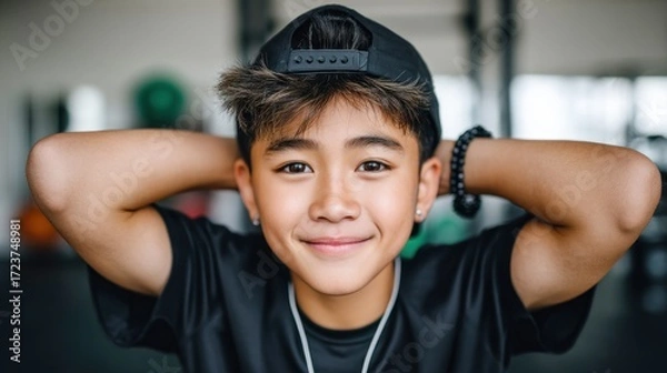 Fototapeta A young Asian boy smiles at the camera with his arms behind his head. He's wearing a black cap and a black shirt. The background appears to be a gym or fitness area.