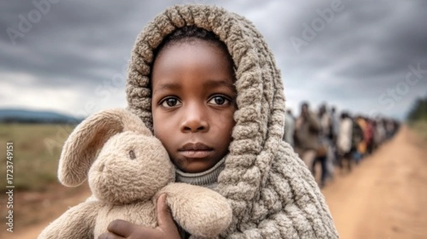 Fototapeta A young girl in a knitted hood holds a stuffed animal, with a procession of people in the background, evoking themes of displacement.