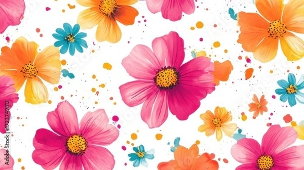 Fototapeta Vibrant watercolor floral pattern with pink, orange, and blue flowers and splatters on a white background, cheerful spring design