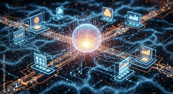 Fototapeta Global Digital Network Connecting Computers Data Flow and Innovation