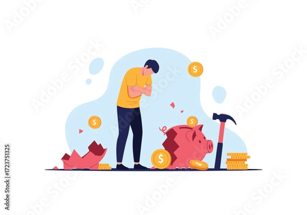 Fototapeta A person looks sadly at a broken piggy bank and coins.