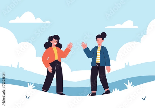 Fototapeta Two friends waving hello on a beautiful spring day.
