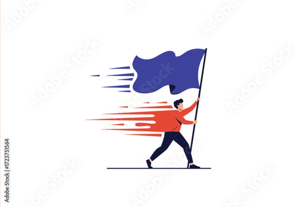 Fototapeta Man running with a large blue flag and streaking red and white lines behind him.