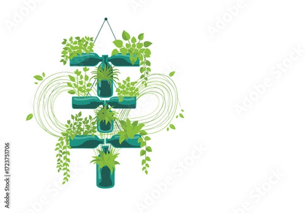 Fototapeta Green vertical garden with cascading plants and circular decorative elements.