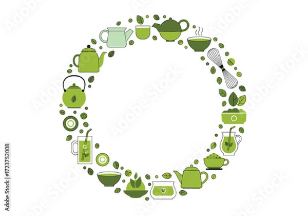 Fototapeta A delightful circular arrangement of teapots and tea related items in various shades of green.