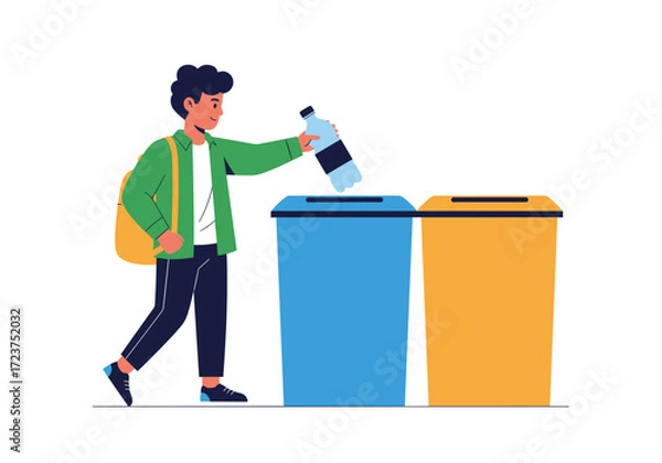 Fototapeta A person is putting a plastic bottle into a recycling bin.