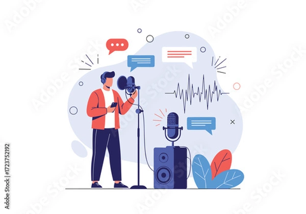 Fototapeta A man records his voice using a microphone and phone for audio production.