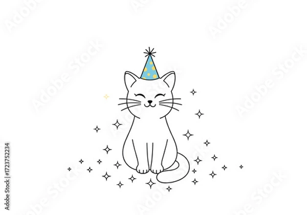 Fototapeta A cute white cat wearing a party hat with sparkling confetti.