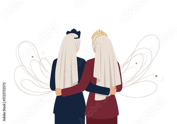 Fototapeta Two women in hijabs with crowns embracing each other with artistic background.