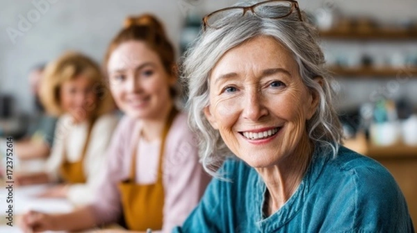 Fototapeta A lovely senior woman smiles brightly, with her friends blurred in the background at a workshop or class setting.