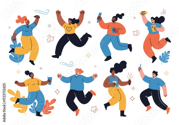 Fototapeta Diverse people joyfully celebrating and dancing in a lively and colorful illustration.