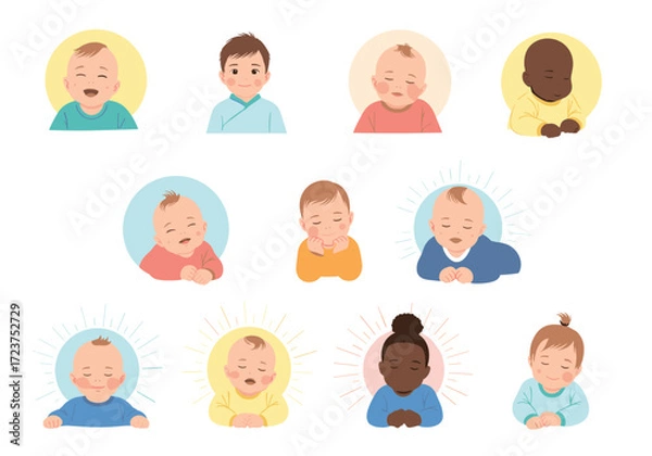 Fototapeta A Diverse Collection of Adorable Baby Portraits in Various Emotions and Poses.