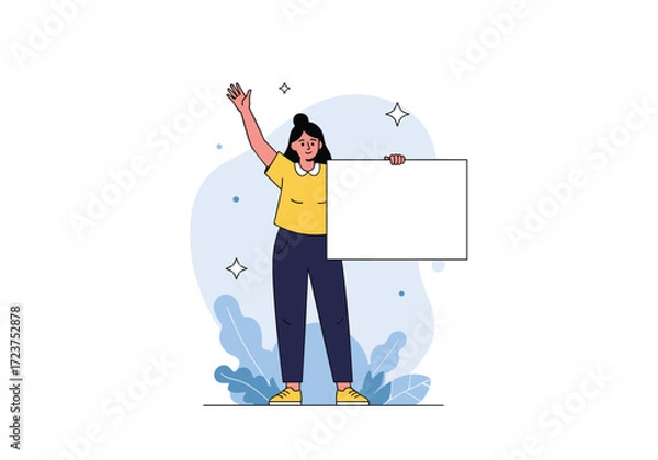 Fototapeta A person holds a blank sign with an encouraging gesture and plants.