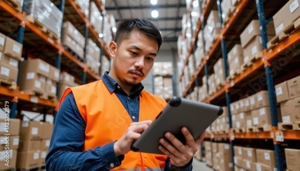 Fototapeta Professional Warehouse Worker in Vest Using Tablet to Manage Inventory Industrial Environment Close-up View