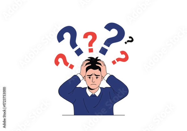 Fototapeta A person struggling with many confusing questions and stress.
