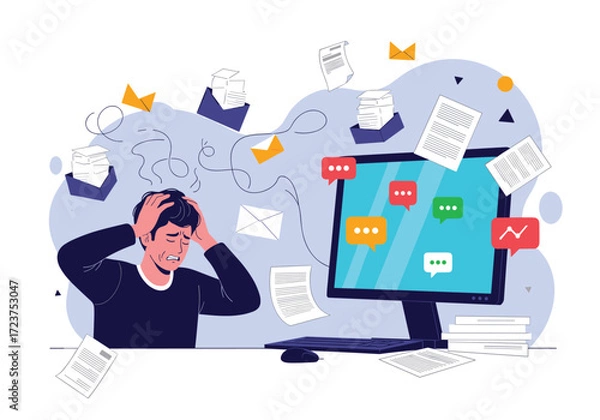 Fototapeta Overwhelmed by the constant flow of digital communication and paperwork at work.