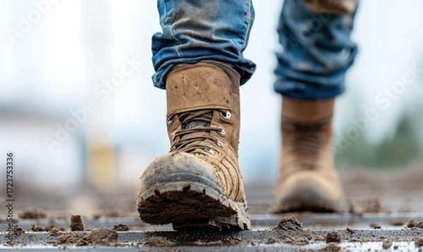 Fototapeta Close-up of work boots covered in mud as a person walks forward in a construction environment, showcasing their daily routine.