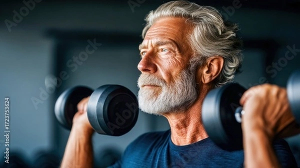 Fototapeta An older man with a white beard lifts dumbbells in a gym, focusing on his fitness. This image conveys healthy aging.
