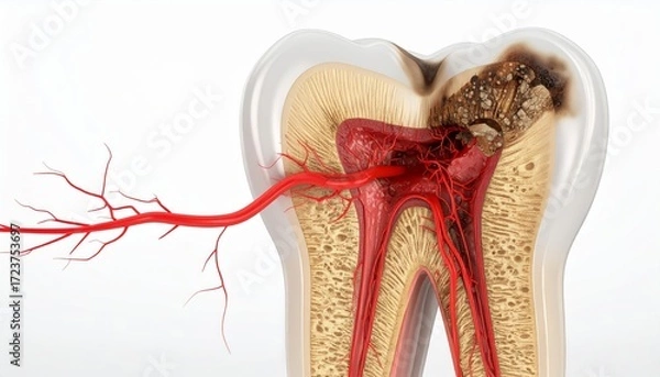 Fototapeta 3D Cross Section of Severe Tooth Decay Showing Dental Nerve and Tooth Structure