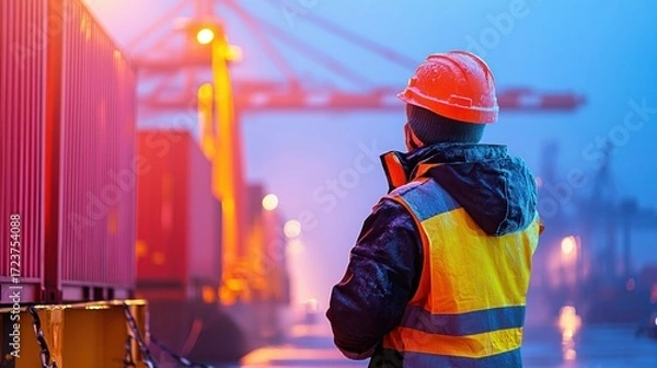 Fototapeta A dock worker stands in the misty twilight, overseeing the loading of shipping containers onto a cargo ship at the harbor.