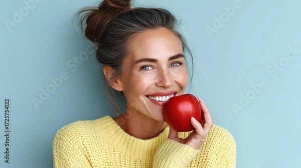 Fototapeta A smiling woman with beautiful skin holds a red apple close to her face, radiating health and joy against a pastel background. The soft lighting enhances the scene.
