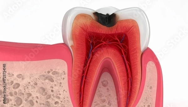 Fototapeta 3D Cross Section of Severe Tooth Decay Showing Dental Nerve and Tooth Structure