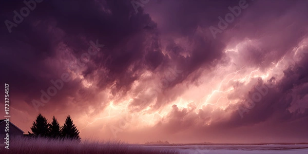 Fototapeta The view of the sky with lightning looks scary.