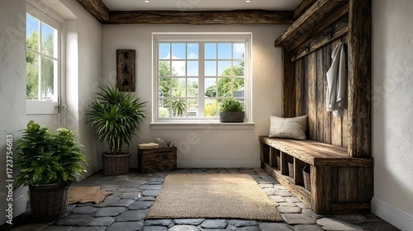 Obraz A realistic high-definition photo of a mudroom with cubbies and tile floor.