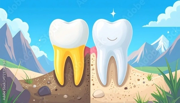 Fototapeta Healthy Tooth vs Decayed Tooth Concept with Nature Background, Dental Care Comparison